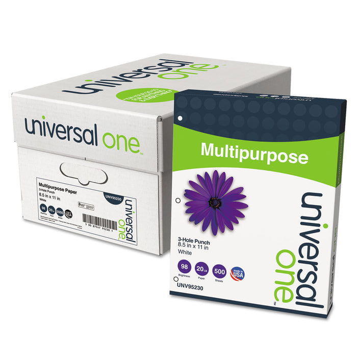 Deluxe Multipurpose Paper, 98 Bright, 3-Hole, 20lb, 8.5 x 11, White, 500 Sheets/Ream, 10 Reams/Carton