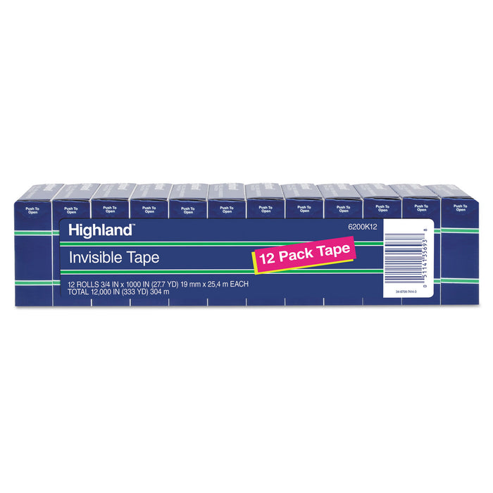 Invisible Permanent Mending Tape, 1" Core, 0.75" x 83.33 ft, Clear, 12/Pack