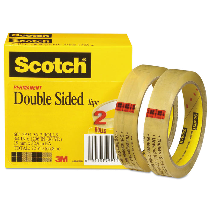 Double-Sided Tape, 3" Core, 0.75" x 36 yds, Clear, 2/Pack