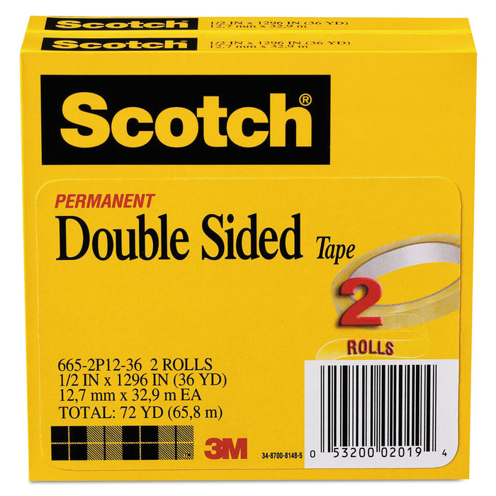Double-Sided Tape, 3" Core, 0.5" x 36 yds, Clear, 2/Pack