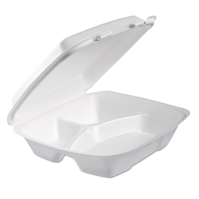Foam Hinged Lid Container, 3-Comp, 9 x 9 2/5 x 3, White, 100/Bag, 2 Bag/Carton