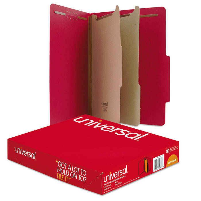 Bright Colored Pressboard Classification Folders, 2 Dividers, Letter Size, Ruby Red, 10/Box