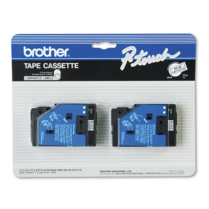 TC Tape Cartridges for P-Touch Labelers, 0.47" x 25.2 ft, Black on Clear, 2/Pack