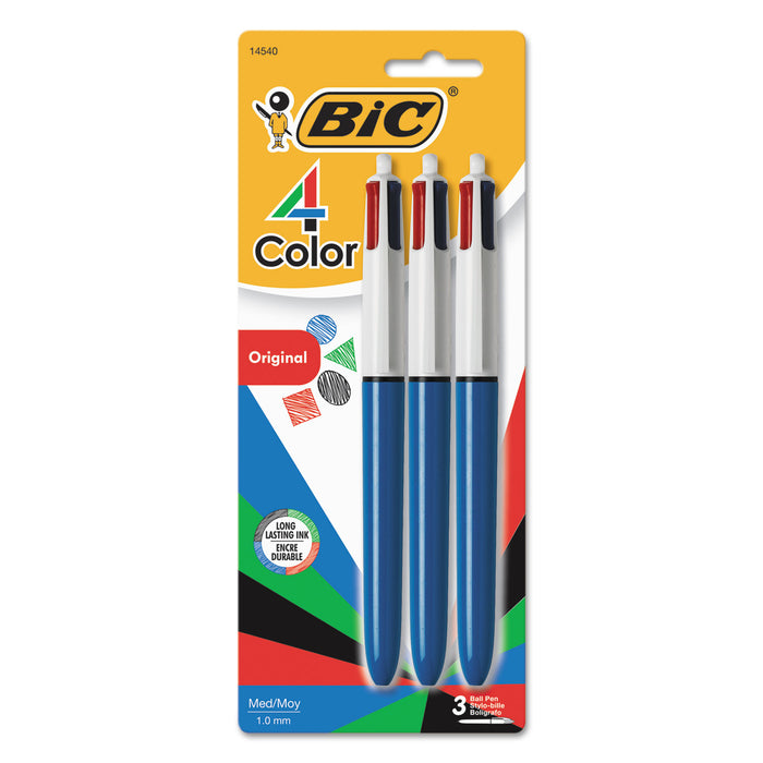 4-Color Retractable Ballpoint Pen, 1 mm, Black/Blue/Green/Red Ink, Blue Barrel, 3/Pack