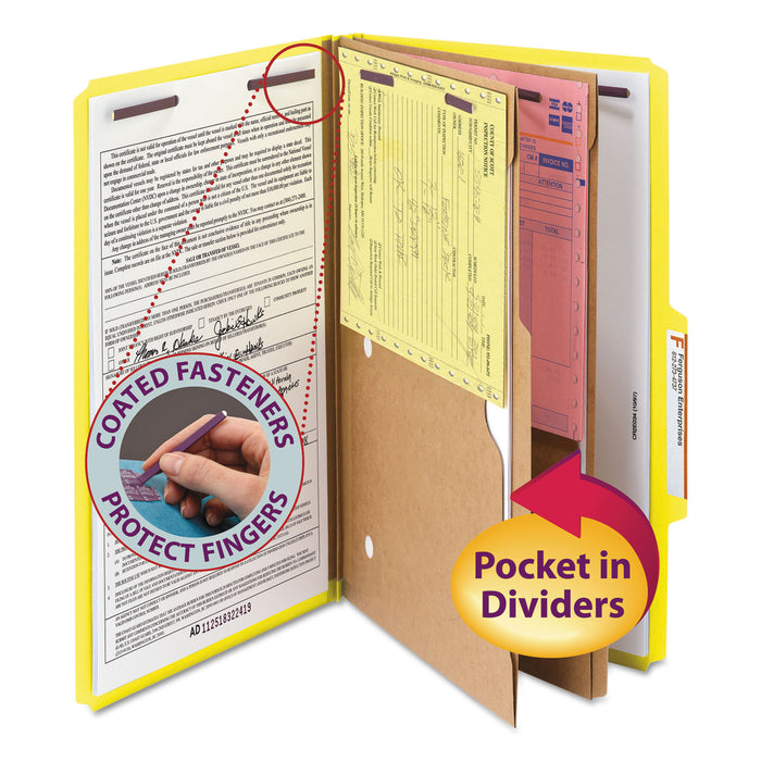 6-Section Pressboard Top Tab Pocket-Style Classification Folders with SafeSHIELD Fasteners, 2 Dividers, Legal, Yellow, 10/BX