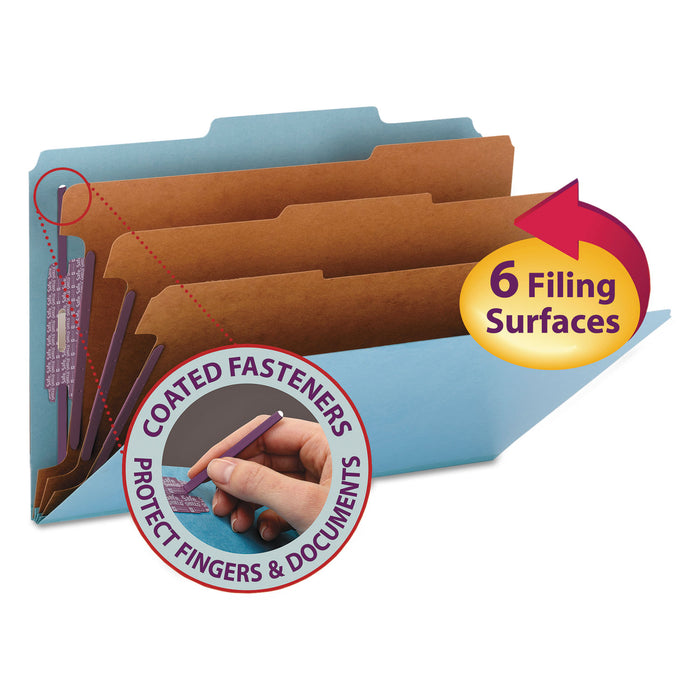 Eight-Section Pressboard Top Tab Classification Folders with SafeSHIELD Fasteners, 3 Dividers, Legal Size, Blue, 10/Box