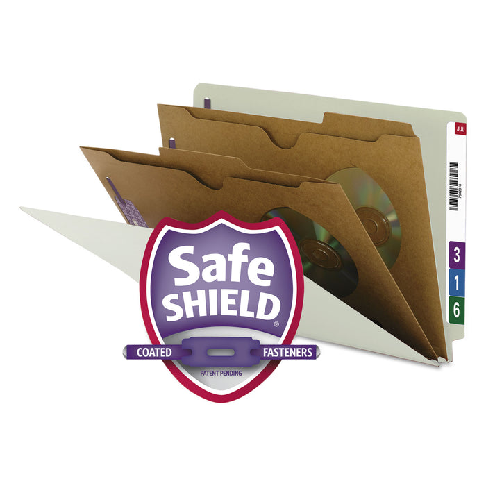 X-Heavy 2-Pocket End Tab Pressboard Classification Folders with SafeSHIELD Fasteners, 2 Dividers, Legal, Gray-Green, 10/BX