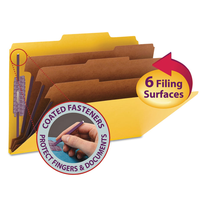 Eight-Section Pressboard Top Tab Classification Folders with SafeSHIELD Fasteners, 3 Dividers, Legal Size, Yellow, 10/Box