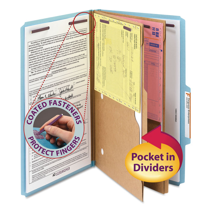 6-Section Pressboard Top Tab Pocket-Style Classification Folders with SafeSHIELD Fasteners, 2 Dividers, Legal, Blue, 10/BX