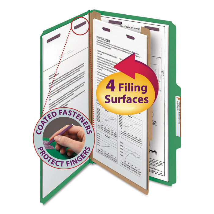 Four-Section Pressboard Top Tab Classification Folders with SafeSHIELD Fasteners, 1 Divider, Legal Size, Green, 10/Box