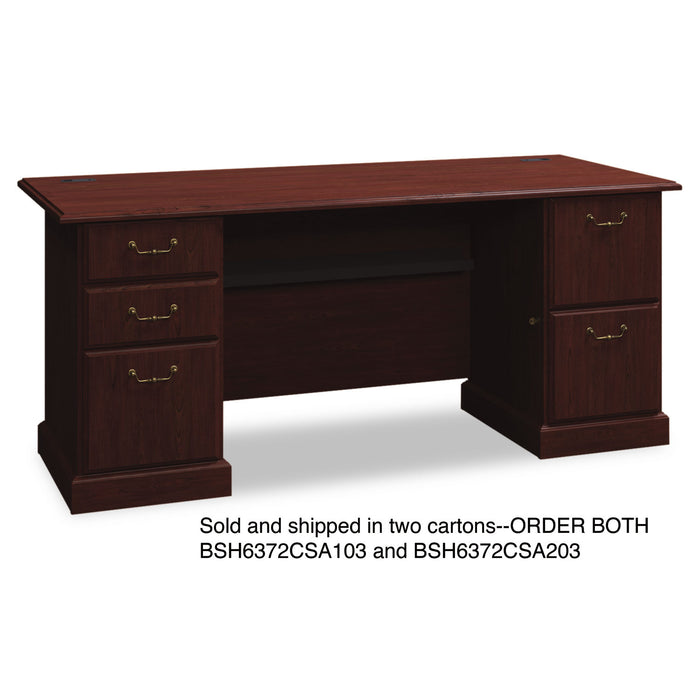 72"W Double Ped Desk (B/B/F, F/F) Box 1 of 2 Syndicate, 72.25w x 30d x 30.75h, Harvest Cherry
