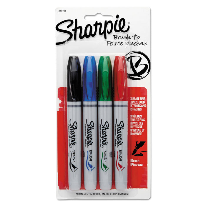 Brush Tip Permanent Marker, Medium, Assorted Colors, 4/Set