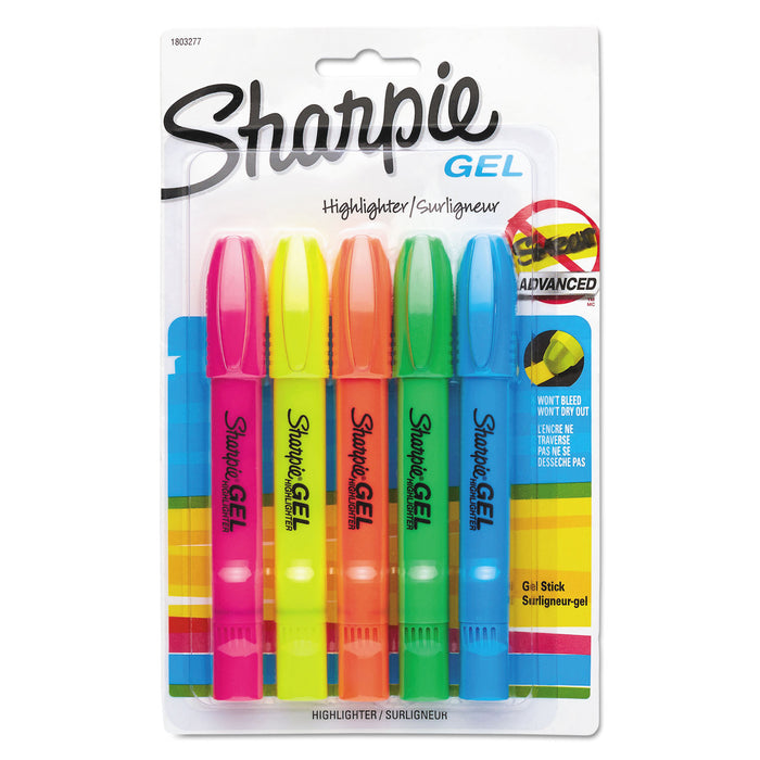 Gel Highlighters, Bullet Tip, Assorted Colors, 5/Set