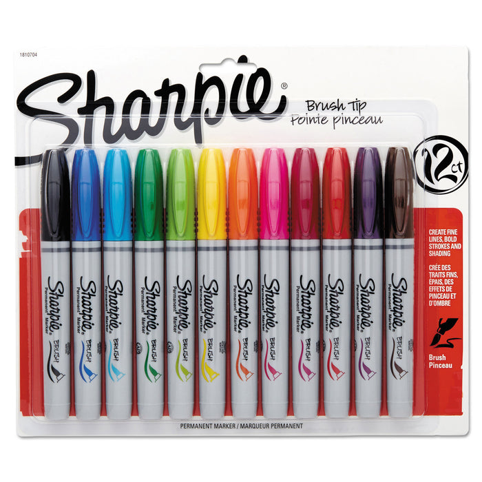 Brush Tip Permanent Marker, Medium, Assorted Colors, 12/Set