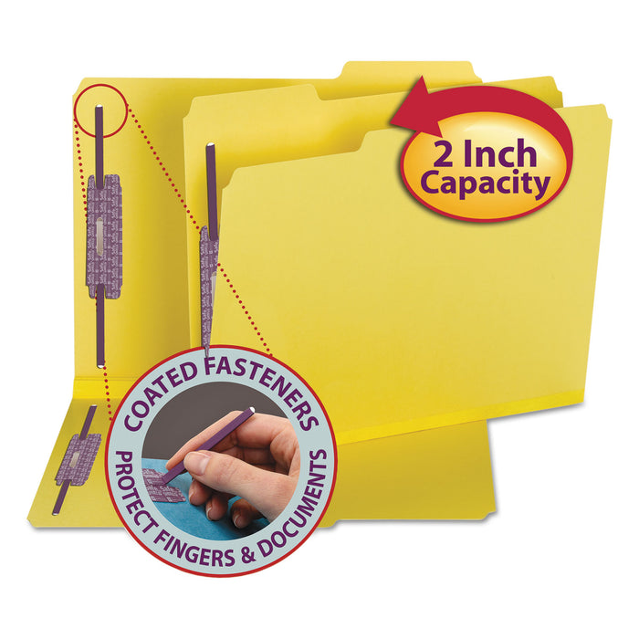 Colored Pressboard Folders with Two SafeSHIELD Coated Fasteners, 1/3-Cut Tabs, Letter Size, Yellow, 25/Box