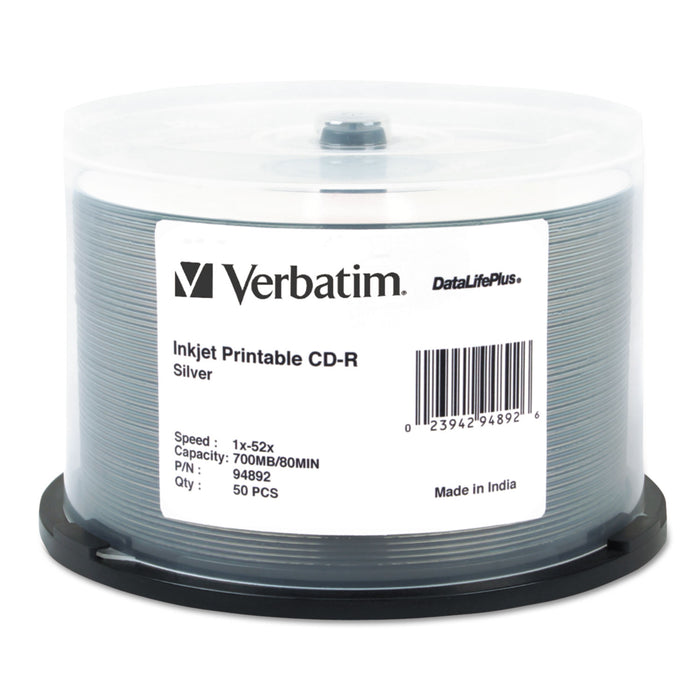 CD-R Discs, Printable, 700MB/80min, 52x, Spindle, Silver, 50/Pack