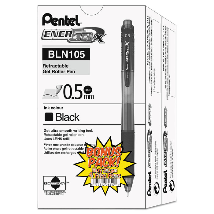 EnerGel-X Retractable Gel Pen, 0.5 mm Needle Tip, Black Ink/Barrel, 24/Pack