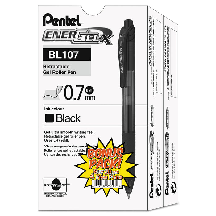 EnerGel-X Retractable Gel Pen, 0.7 mm Metal Tip, Black Ink/Barrel, 24/Pack
