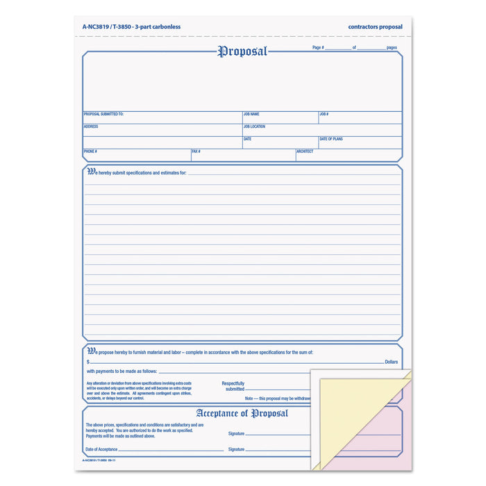 Contractor Proposal Form, 3-Part Carbonless, 8 1/2 x 11 7/16, 50 Forms