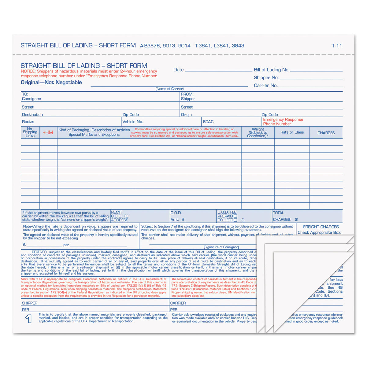 Hazardous Material Short Form, 8 1/2 x 7, Four-Part Carbonless, 50 For ...