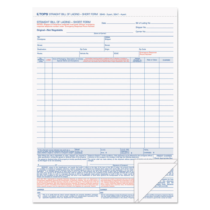 Bill of Lading,16-Line, 8-1/2 x 11, Three-Part Carbonless, 50 Forms