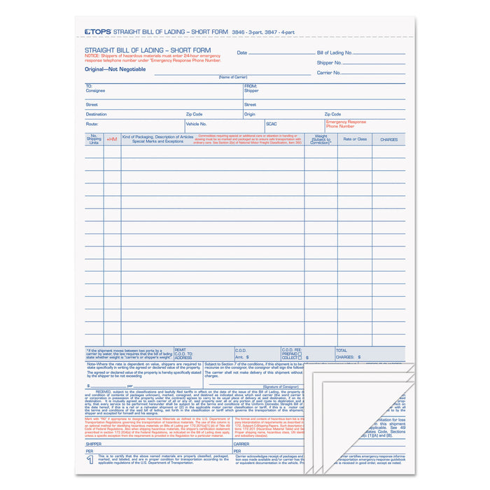 Bill of Lading,16-Line, 8-1/2 x 11, Four-Part Carbonless, 50 Forms