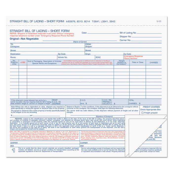Hazardous Material Short Form, 7 x 8 1/2, Three-Part Carbonless, 50 Forms