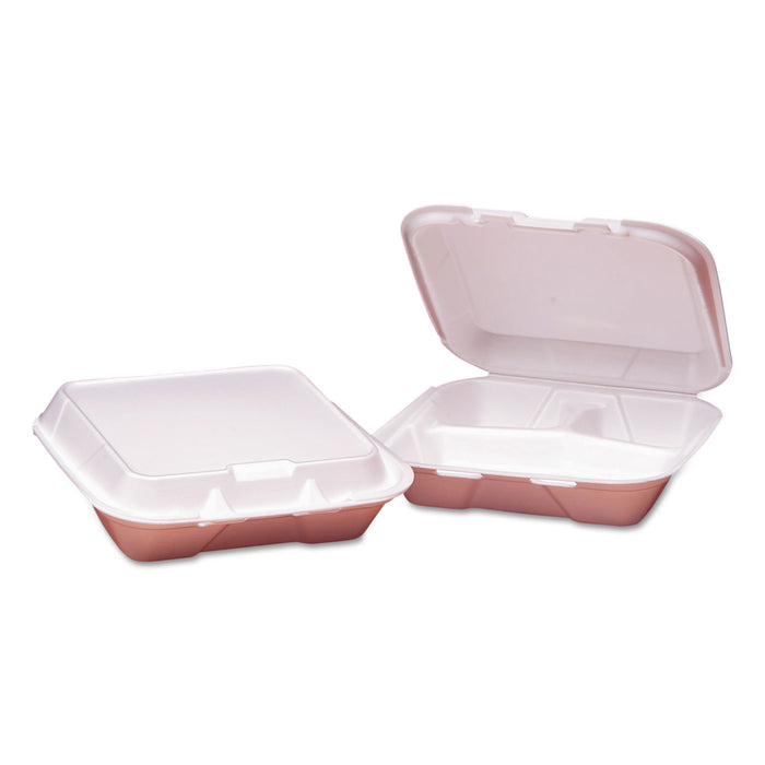 Foam Hinged Carryout Containers, 3-Compartment, Small, White, 100/PK, 2 PK/CT