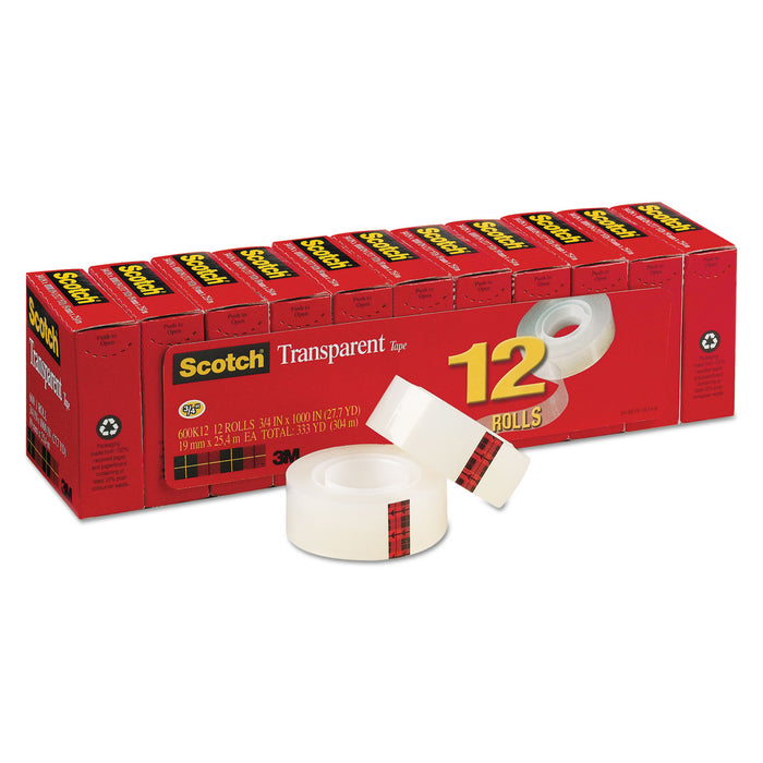 Transparent Tape, 1" Core, 0.75" x 83.33 ft, Transparent, 12/Pack