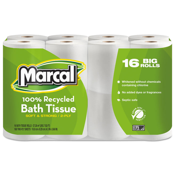 100% Recycled Two-Ply Bath Tissue, Septic Safe, 2-Ply, White, 168 Sheets/Roll, 16 Rolls/Pack