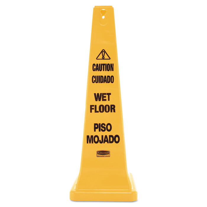 Four-Sided Caution, Wet Floor Yellow Safety Cone, 12 1/4 x 12 1/4 x 36h