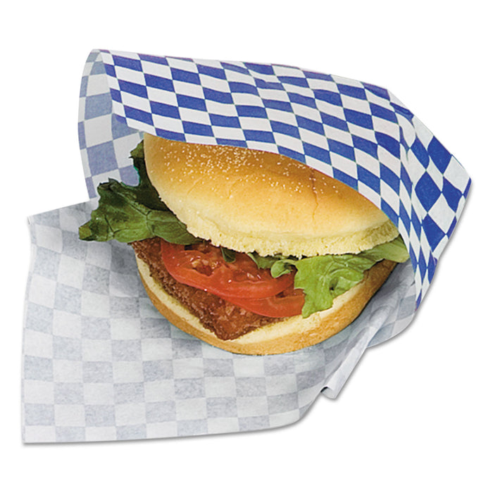 Grease-Resistant Paper Wraps and Liners, 12 x 12, Blue Check, 1000/Box, 5 Boxes/Carton