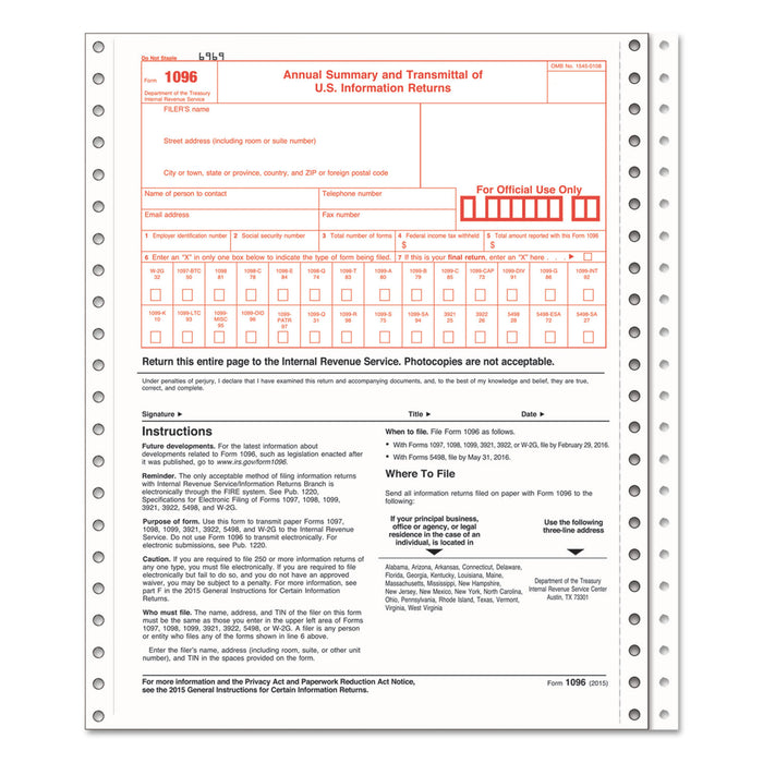 1096 Summary Transmittal Tax Forms, 2-Part Carbonless, 8 x 11, 10 Forms