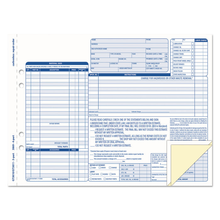 Auto Repair Four-Part Order Form, 8 1/2 x 11, Four-Part Carbonless, 50 Forms
