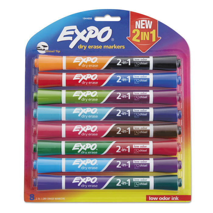 2-in-1 Dry Erase Markers, Broad/Fine Chisel Tip, Assorted Colors, 8/Pack