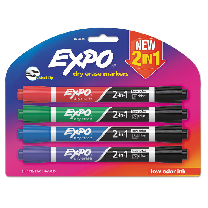 2-in-1 Dry Erase Markers, Broad/Fine Chisel Tip, Assorted Colors, 4/Pack