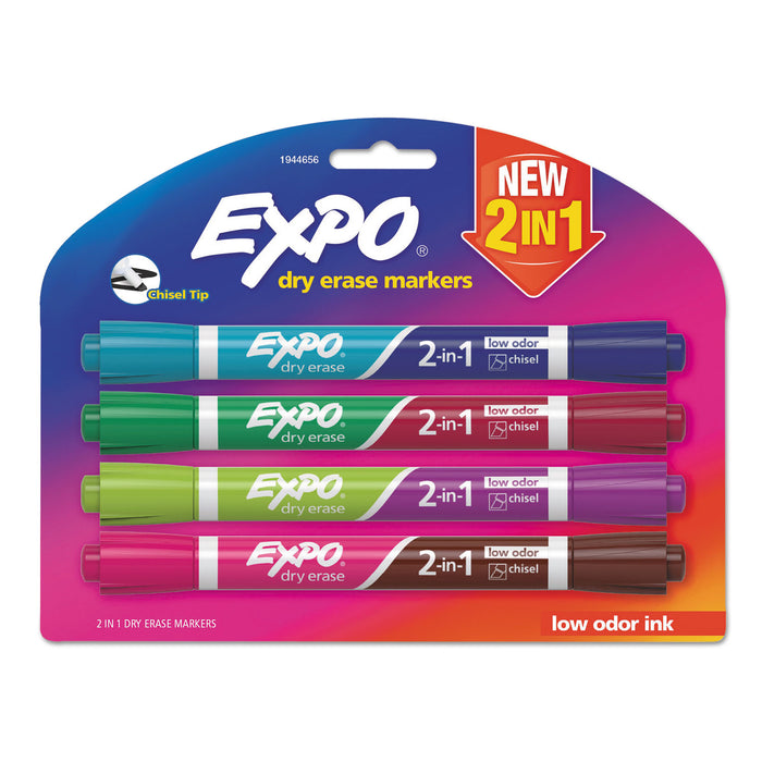 2-in-1 Dry Erase Markers, Broad/Fine Chisel Tip, Assorted Colors, 4/Pack