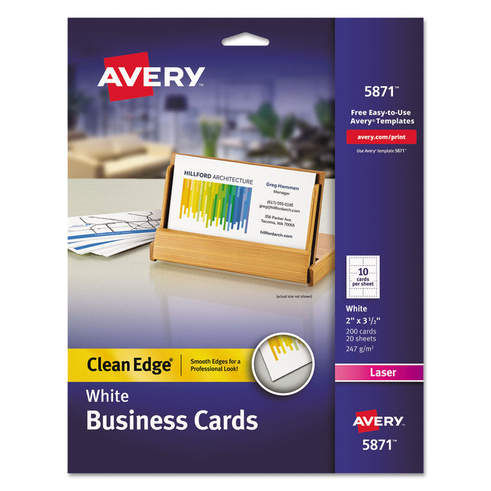 Clean Edge Business Cards, Laser, 2 x 3 1/2, White, 200/Pack