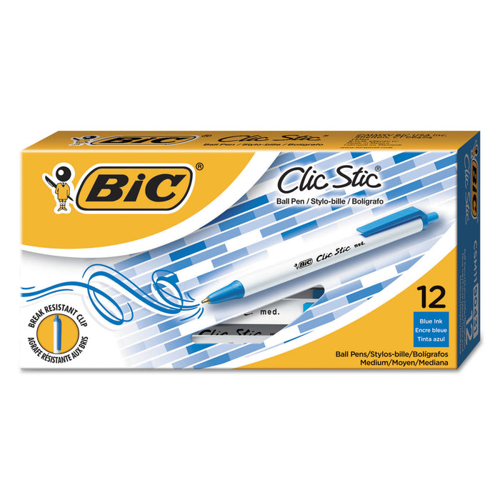 Clic Stic Retractable Ballpoint Pen, Medium 1 mm, Blue Ink, White Barrel, Dozen