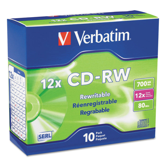 CD-RW, 700MB, 4X-12X High Speed, Branded Surface, 10/PK Slim Case