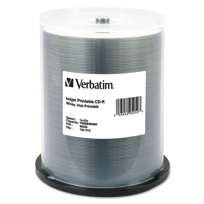 CD-R, 700MB, 52X, White Inkjet Printable, Hub Printable, 100/PK Spindle