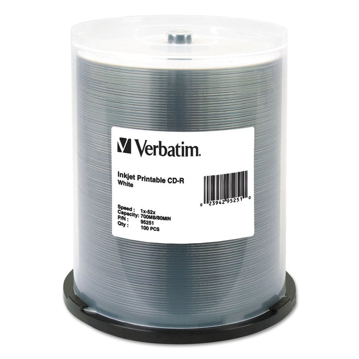 CD-R, 700MB, 52X, White Inkjet Printable, 100/PK Spindle