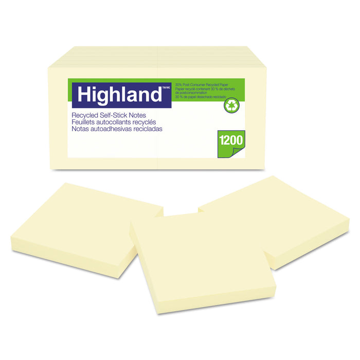 Recycled Self Stick Notes, 3 x 3, Yellow, 100 Sheets/Pad, 12 Pads/Pack