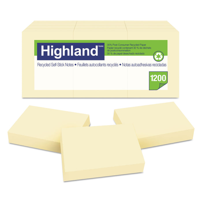 Recycled Self-Stick Notes, 1 3/8 x 1 7/8, Yellow, 100 Sheets/Pad, 12 Pads/Pack