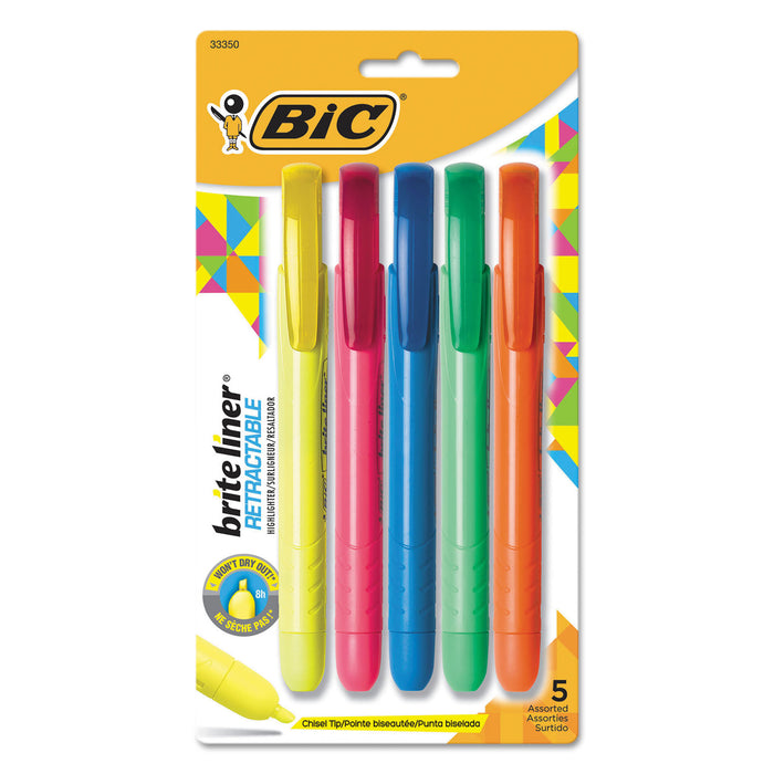 Brite Liner Retractable Highlighter, Chisel Tip, Assorted Colors, 5/Set