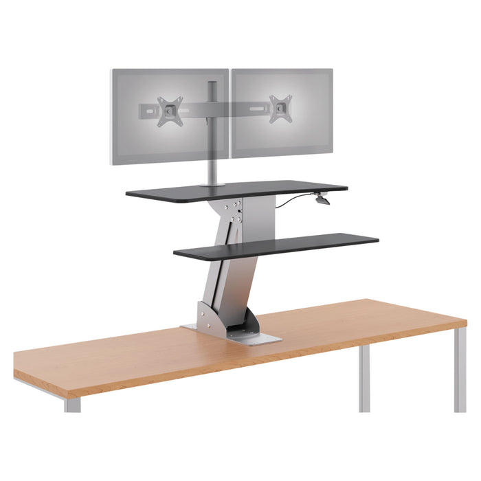 Directional Desktop Sit-to-Stand with Dual Monitor Arm, Silver/Black