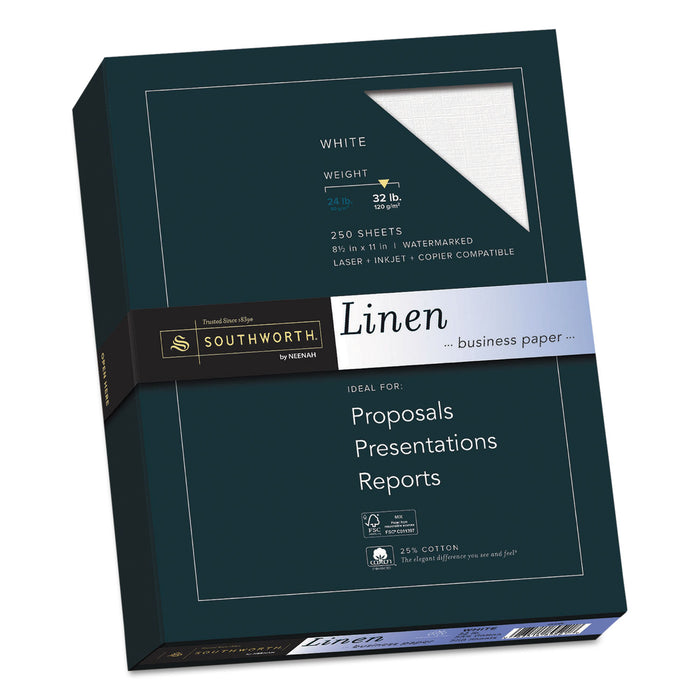 25% Cotton Linen Business Paper, 32 lb, 8.5 x 11, White, 250/Pack