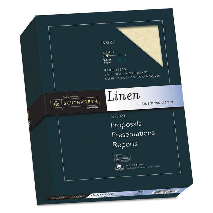 25% Cotton Linen Business Paper, 24 lb, 8.5 x 11, Ivory, 500/Ream