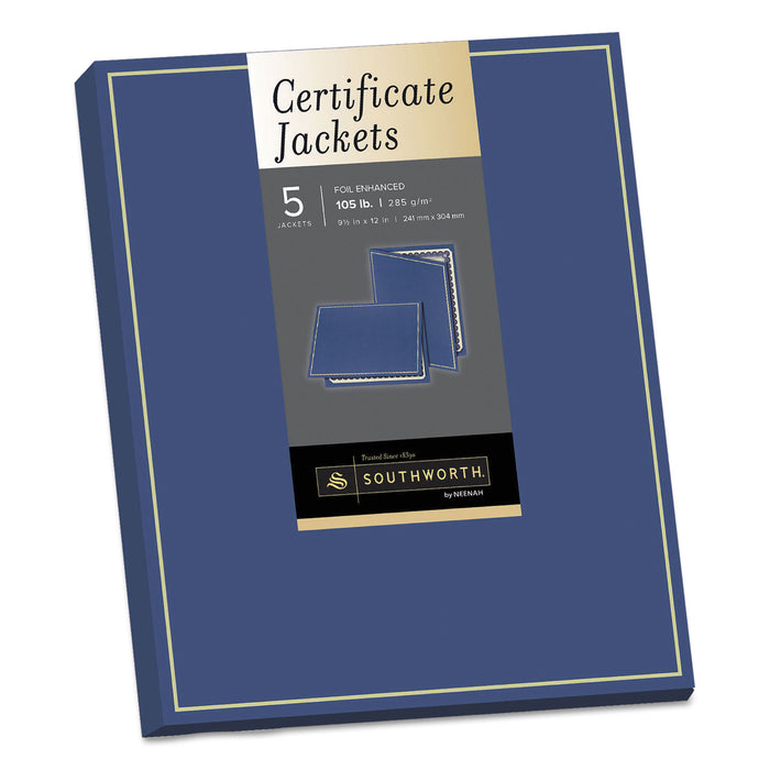 Certificate Jacket, Navy/Gold Border, Felt, 88lb Stock, 12 x 9 1/2, 5/Pack