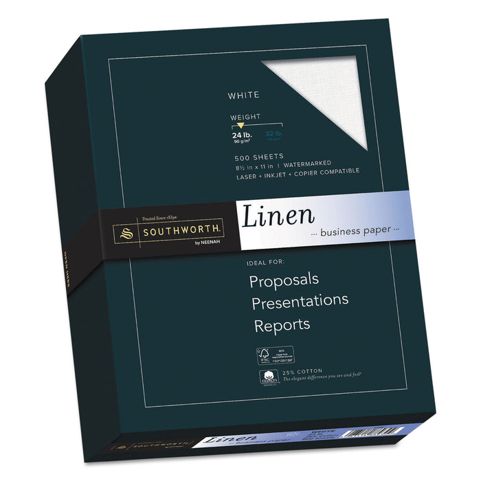 25% Cotton Linen Business Paper, 91 Bright, 24 lb, 8.5 x 11, White, 500/Ream